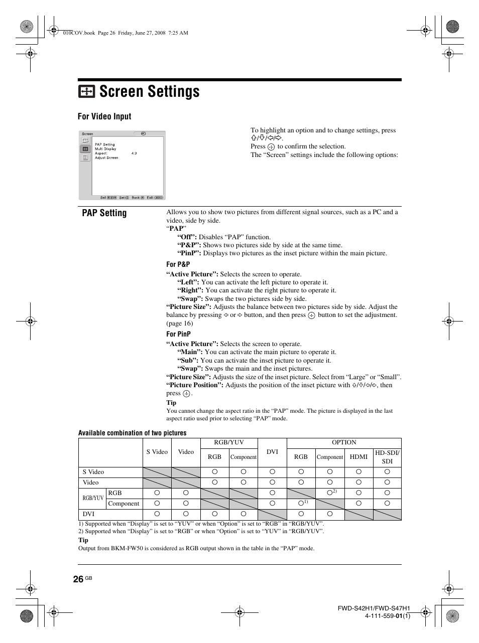 Screen settings, Pap setting, For video input | LG LS42F User Manual | Page 72 / 302