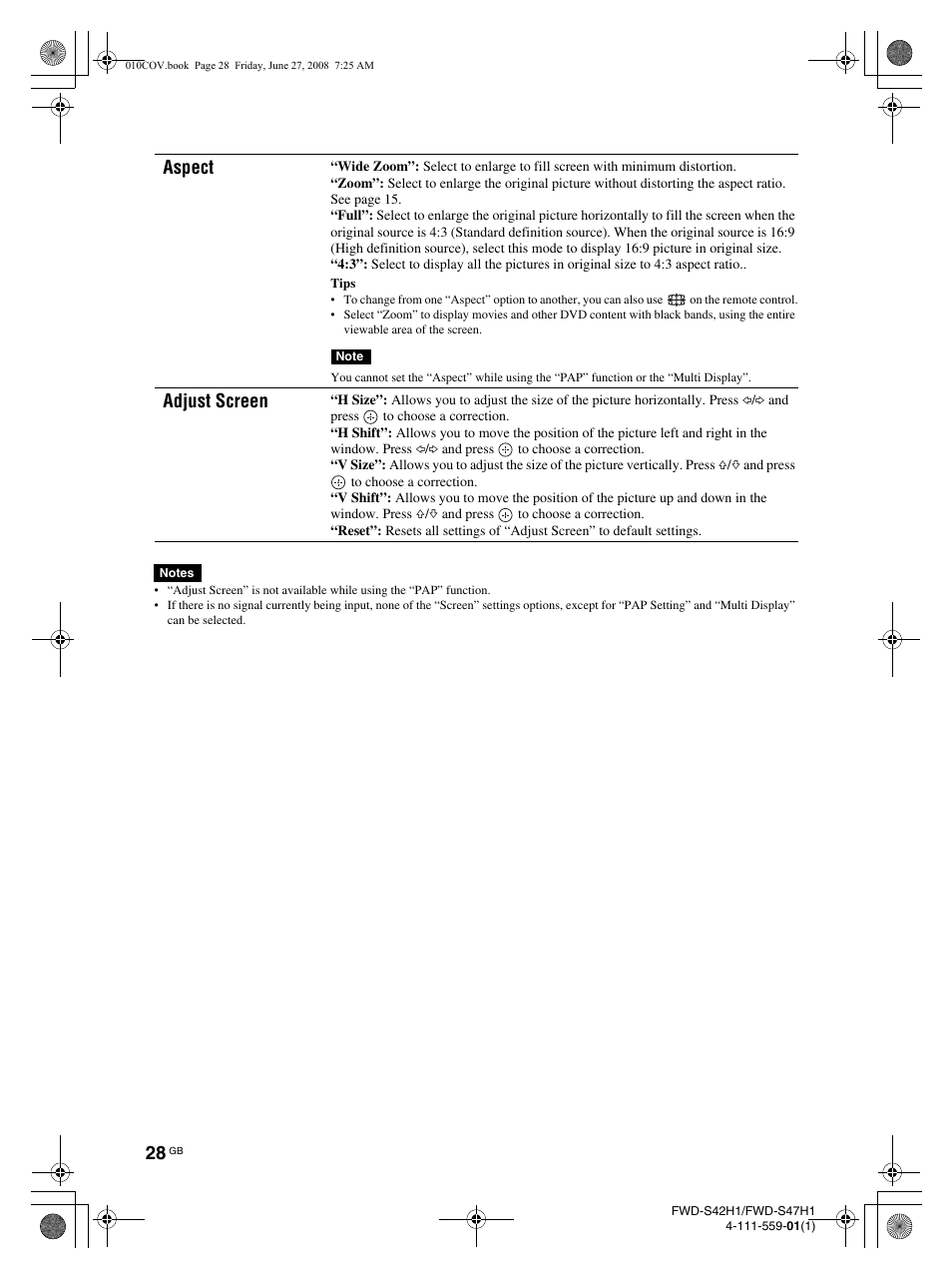 Aspect, Adjust screen | LG LS42F User Manual | Page 74 / 302