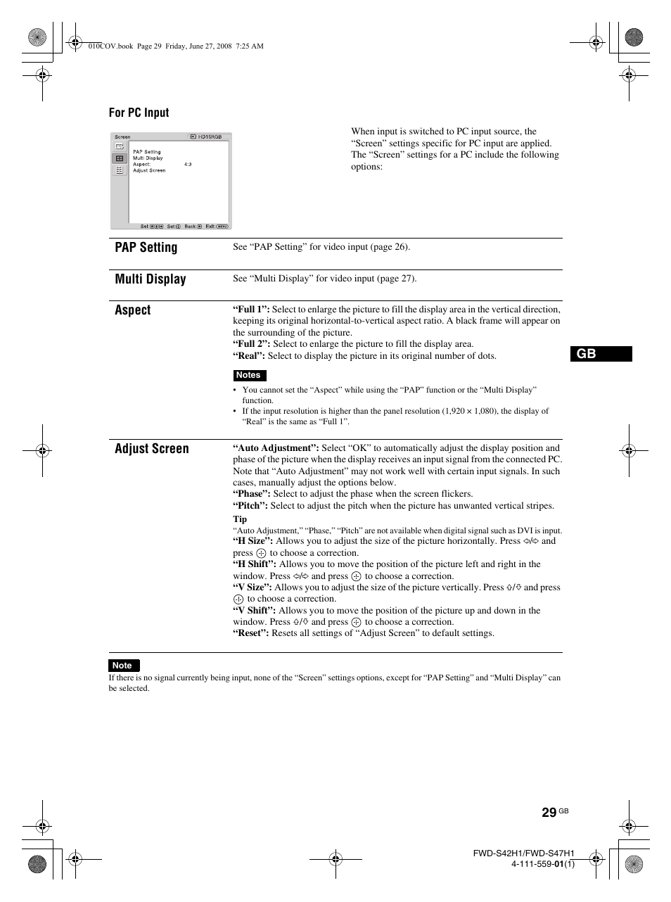 Pap setting, Multi display, Aspect | Adjust screen | LG LS42F User Manual | Page 75 / 302