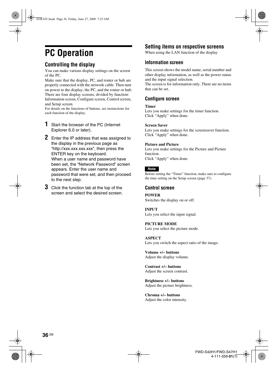 Pc operation | LG LS42F User Manual | Page 82 / 302