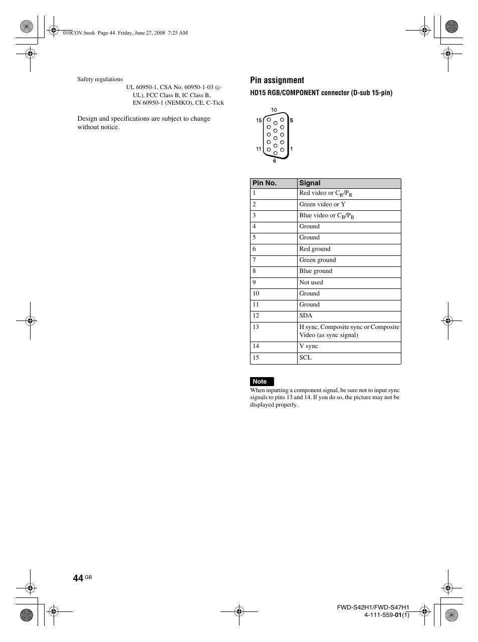 Pin assignment | LG LS42F User Manual | Page 90 / 302
