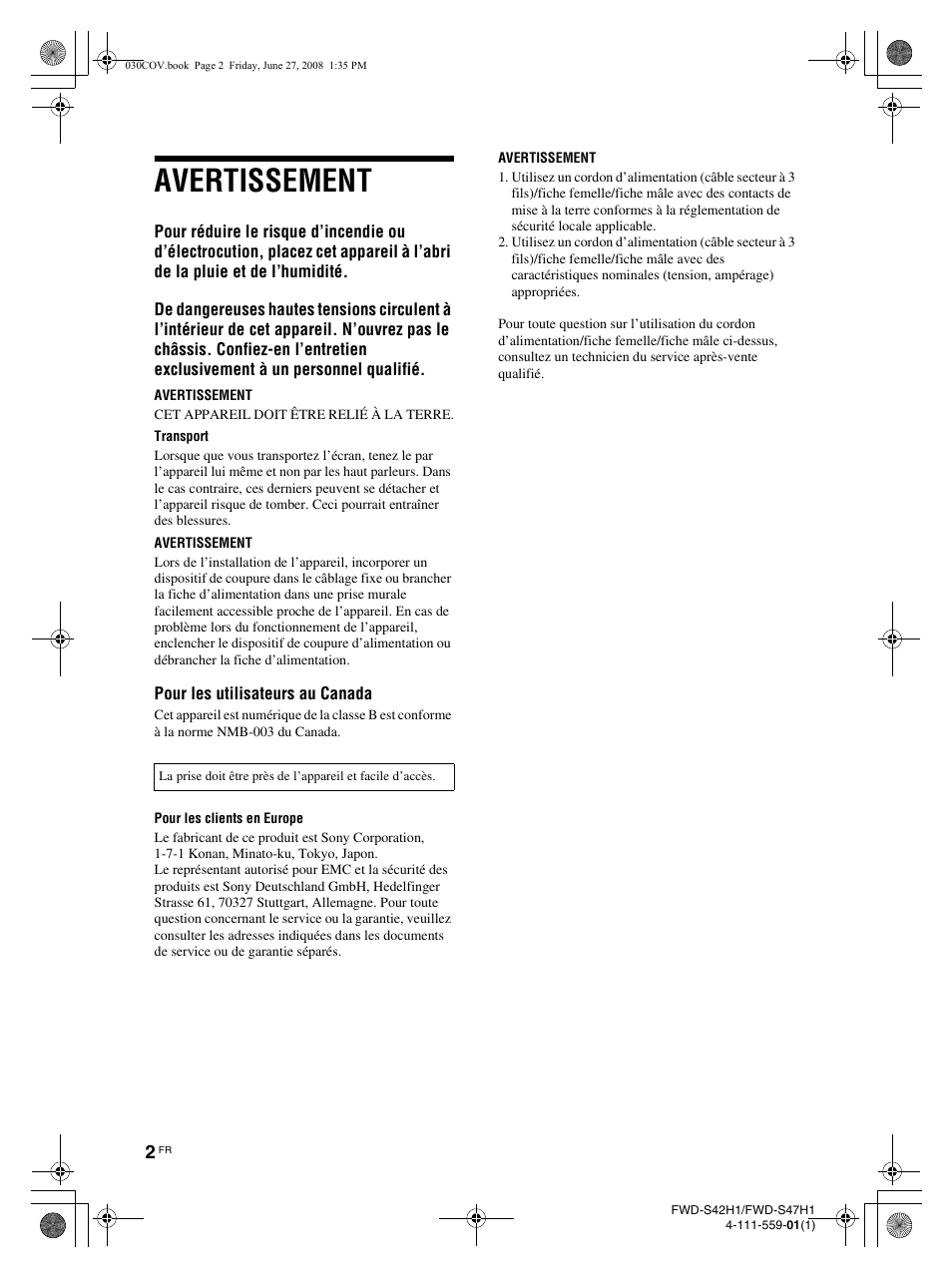 Avertissement | LG LS42F User Manual | Page 92 / 302