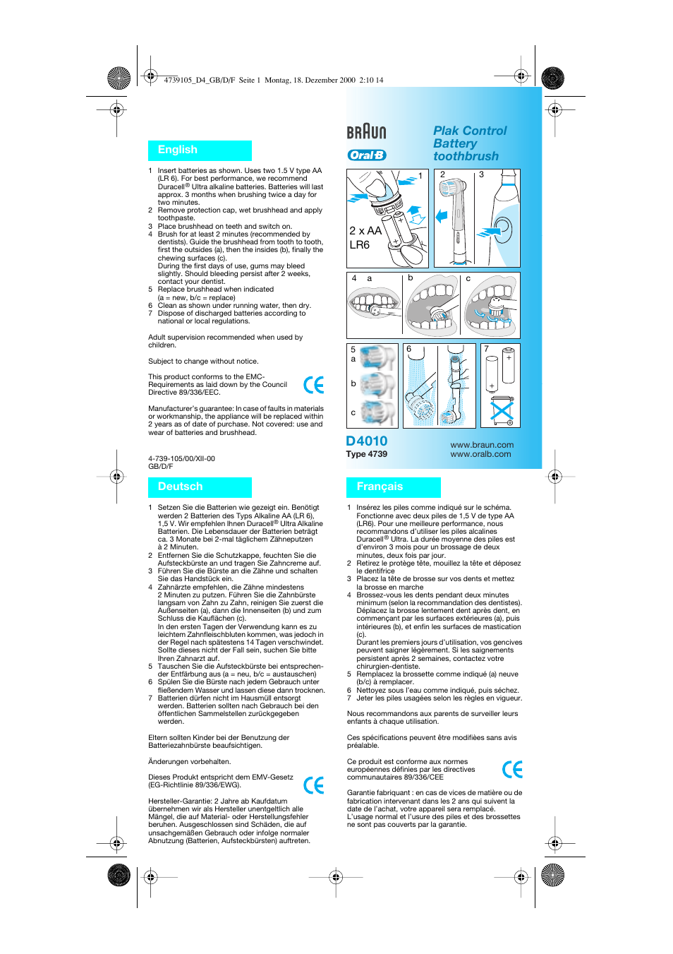 Braun D4010 PlakControl battery toothbrush User Manual | 1 page