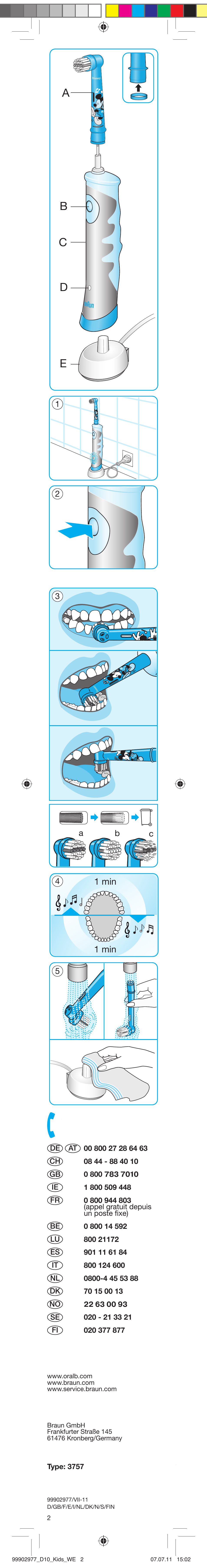 Bc d a e, 1 min | Braun D10511 Kids Power Toothbrush User Manual | Page 2 / 15