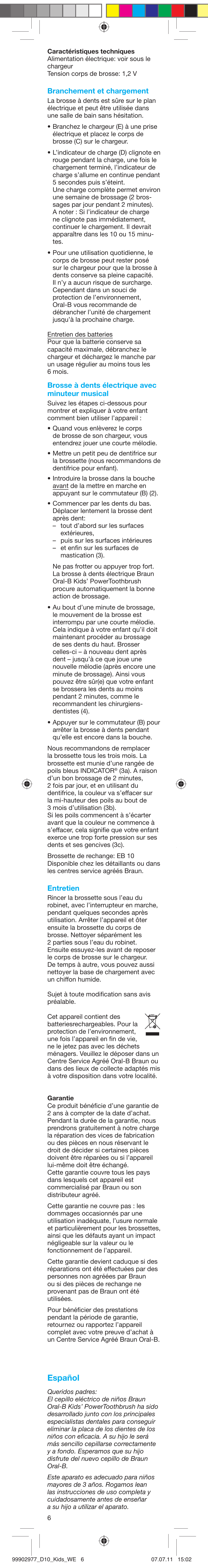 Español | Braun D10511 Kids Power Toothbrush User Manual | Page 6 / 15