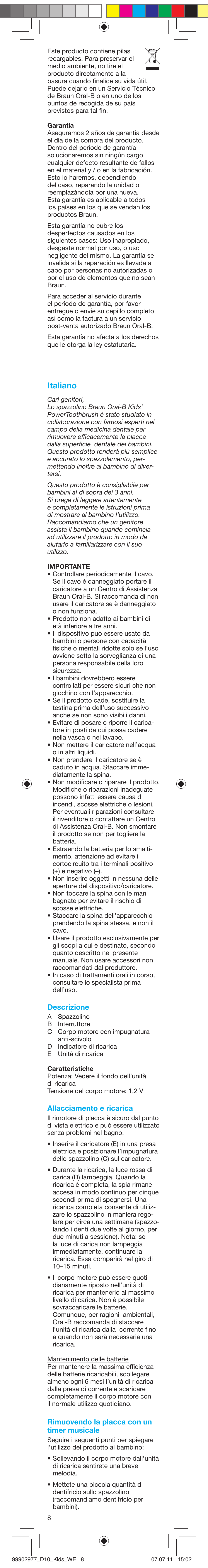 Italiano | Braun D10511 Kids Power Toothbrush User Manual | Page 8 / 15