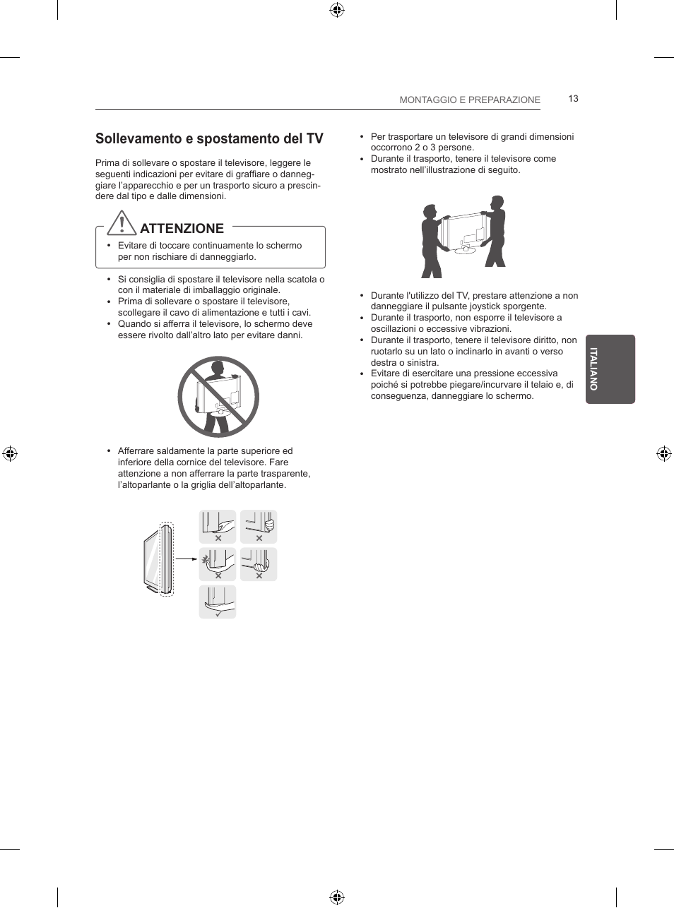 Sollevamento e spostamento del tv, Attenzione | LG 24LB450B User Manual | Page 100 / 231