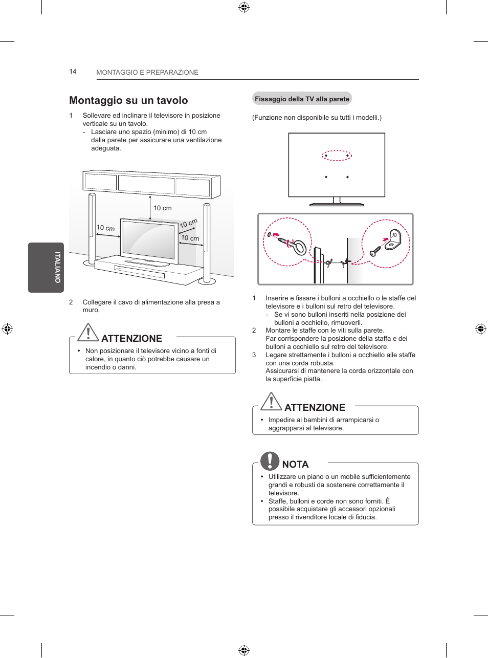 Montaggio su un tavolo, Attenzione, Nota | LG 24LB450B User Manual | Page 101 / 231