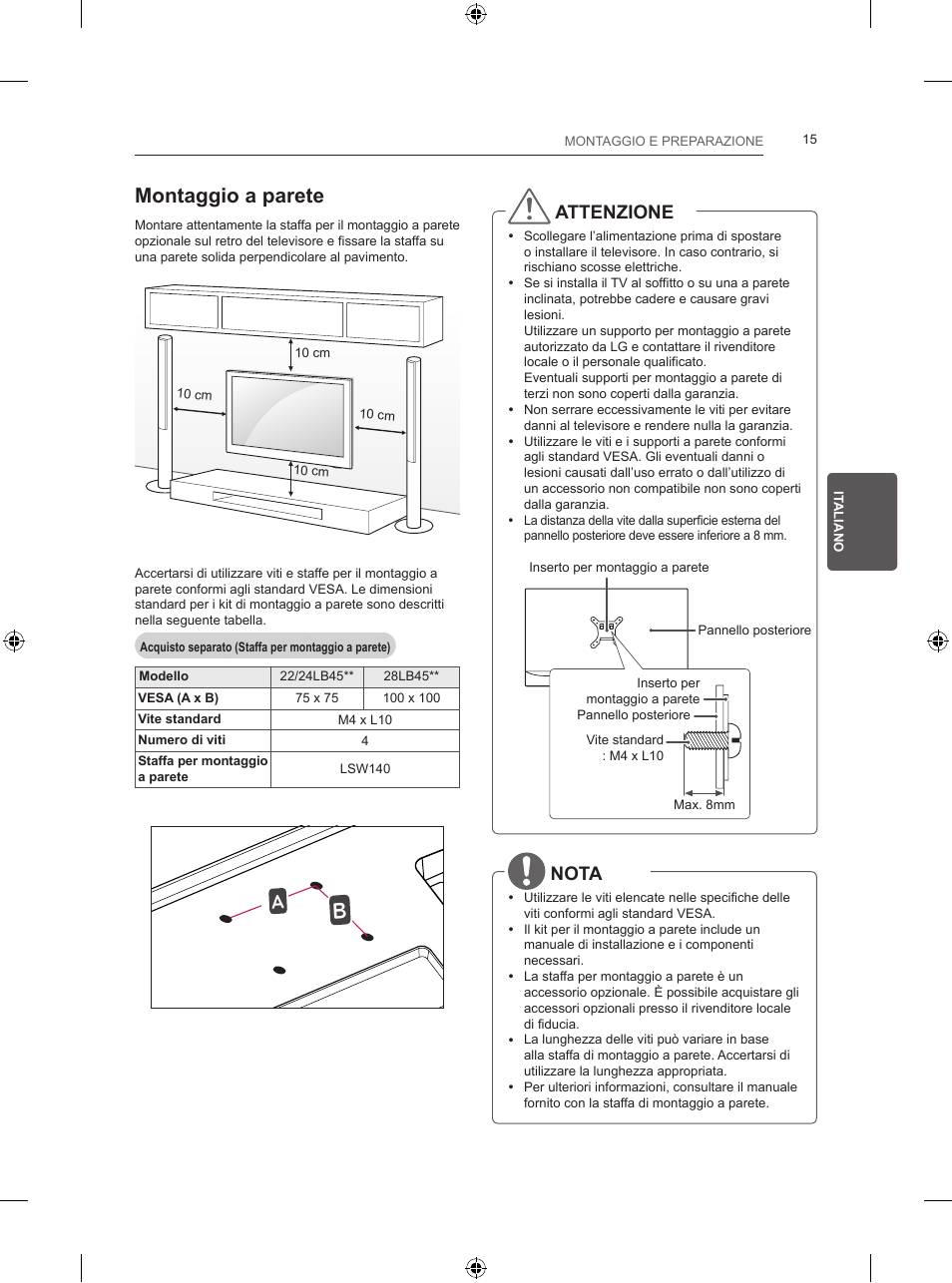 Montaggio a parete, Attenzione, Nota | LG 24LB450B User Manual | Page 102 / 231