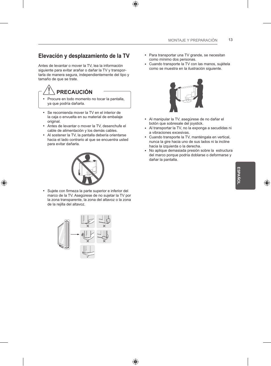 Elevación y desplazamiento de la tv, Precaución | LG 24LB450B User Manual | Page 126 / 231