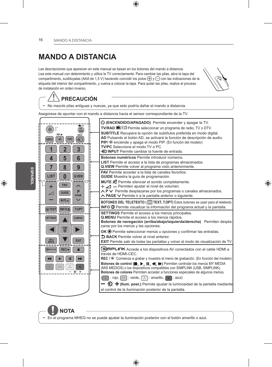 Mando a distancia, Precaución, Nota | LG 24LB450B User Manual | Page 129 / 231