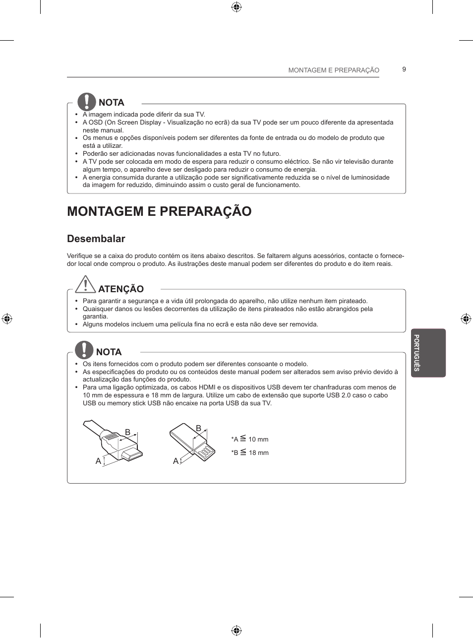 Montagem e preparação, Desembalar, Nota | Atenção | LG 24LB450B User Manual | Page 144 / 231