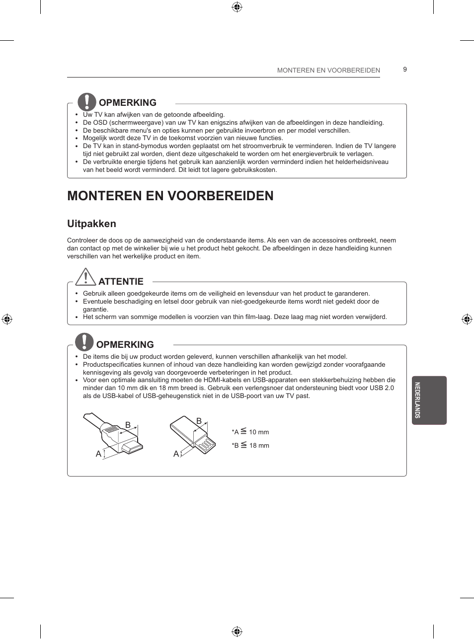 Monteren en voorbereiden, Uitpakken, Opmerking | Attentie | LG 24LB450B User Manual | Page 166 / 231