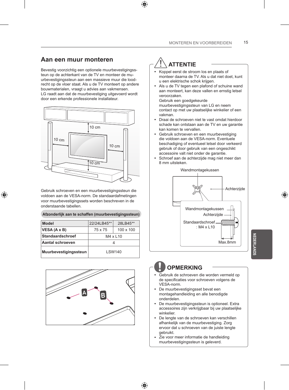 Aan een muur monteren, Attentie, Opmerking | LG 24LB450B User Manual | Page 172 / 231