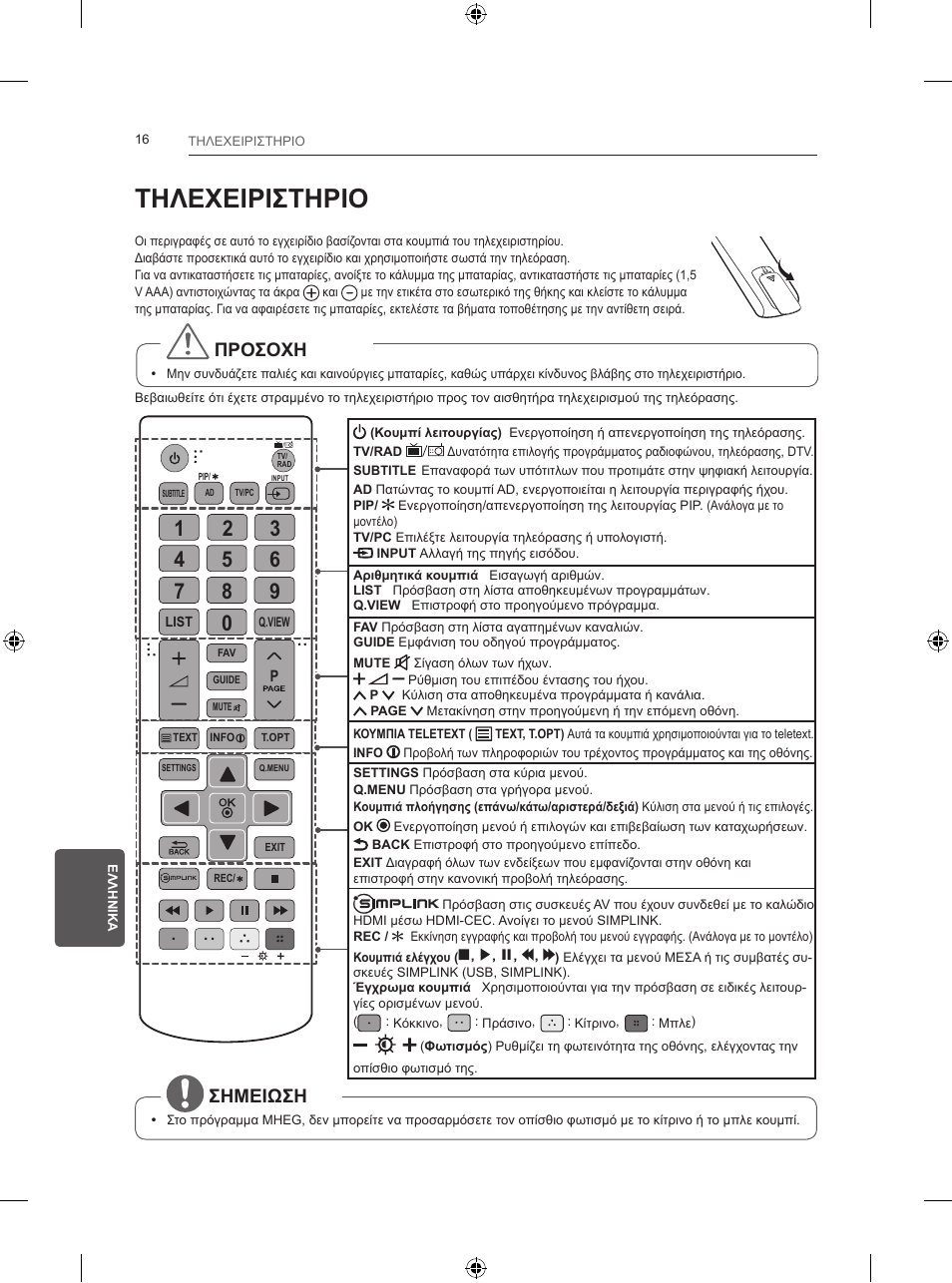 Τηλεχειριστηριο, Προσοχη, Σημειωση | LG 24LB450B User Manual | Page 195 / 231