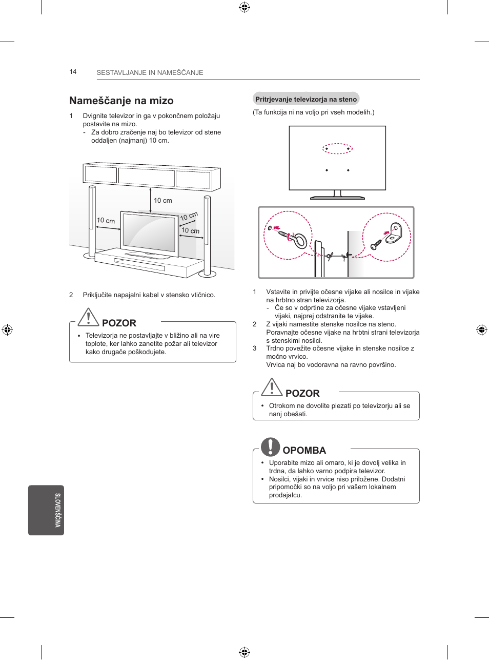 Nameščanje na mizo, Pozor, Opomba | LG 24LB450B User Manual | Page 215 / 231