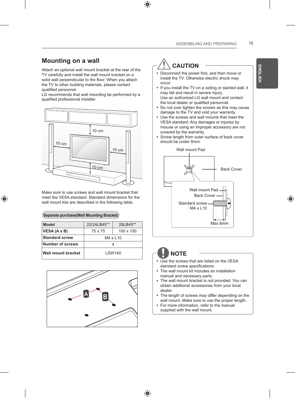 Mounting on a wall, Caution | LG 24LB450B User Manual | Page 36 / 231