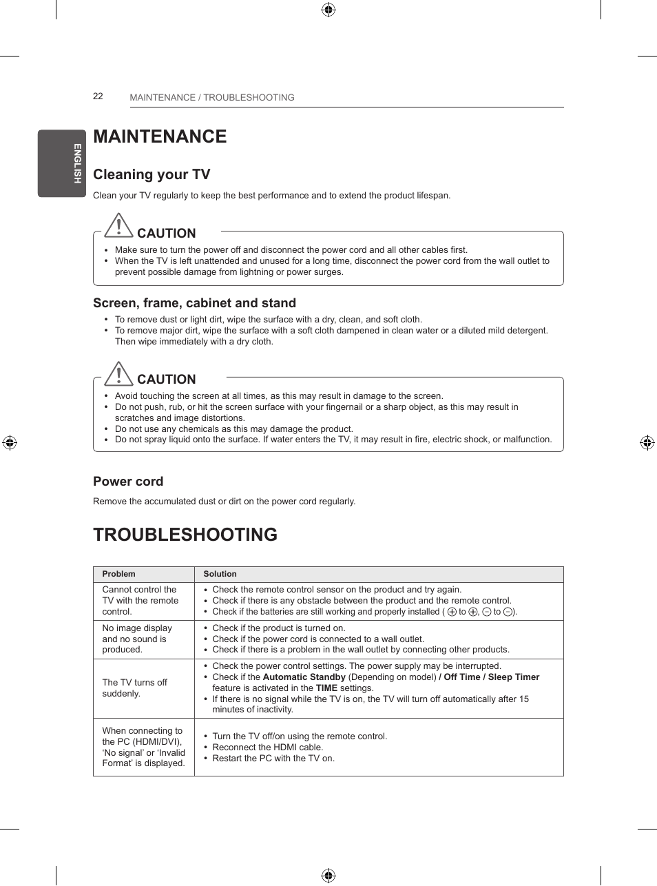 Maintenance, Troubleshooting, Cleaning your tv | Caution, Screen, frame, cabinet and stand, Power cord | LG 24LB450B User Manual | Page 43 / 231