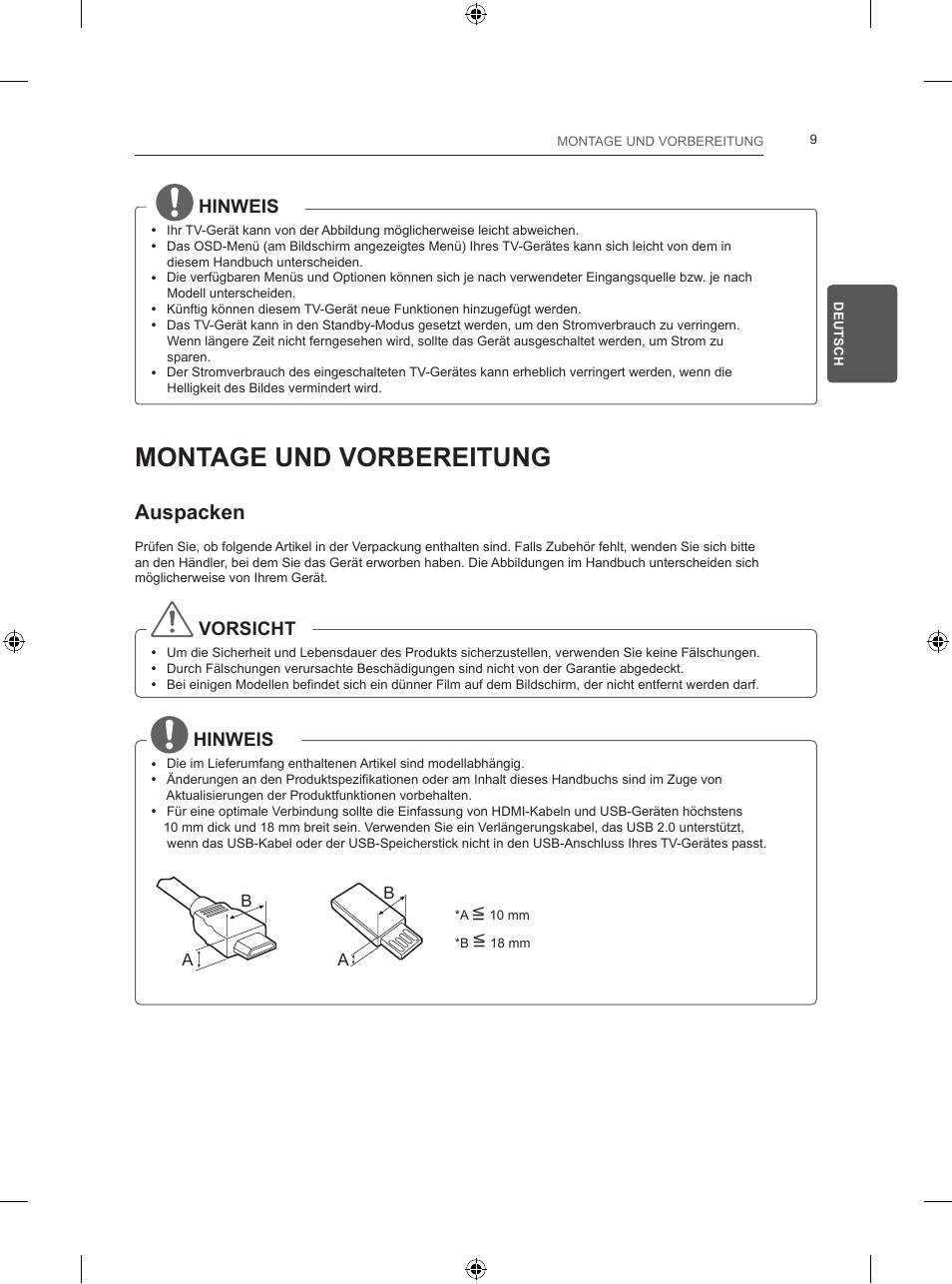 Montage und vorbereitung, Auspacken, Hinweis | Vorsicht | LG 24LB450B User Manual | Page 52 / 231