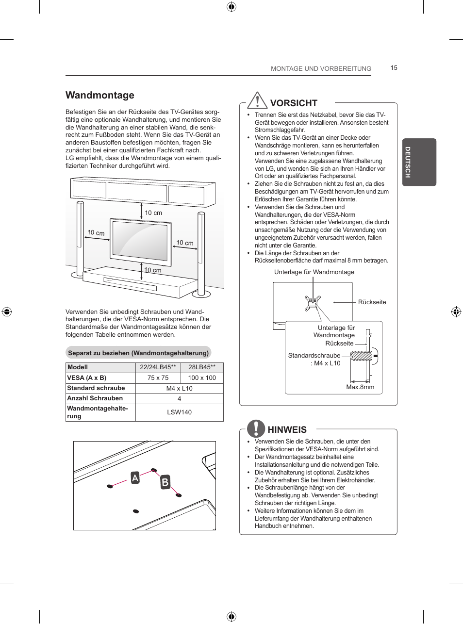 Wandmontage, Vorsicht, Hinweis | LG 24LB450B User Manual | Page 58 / 231