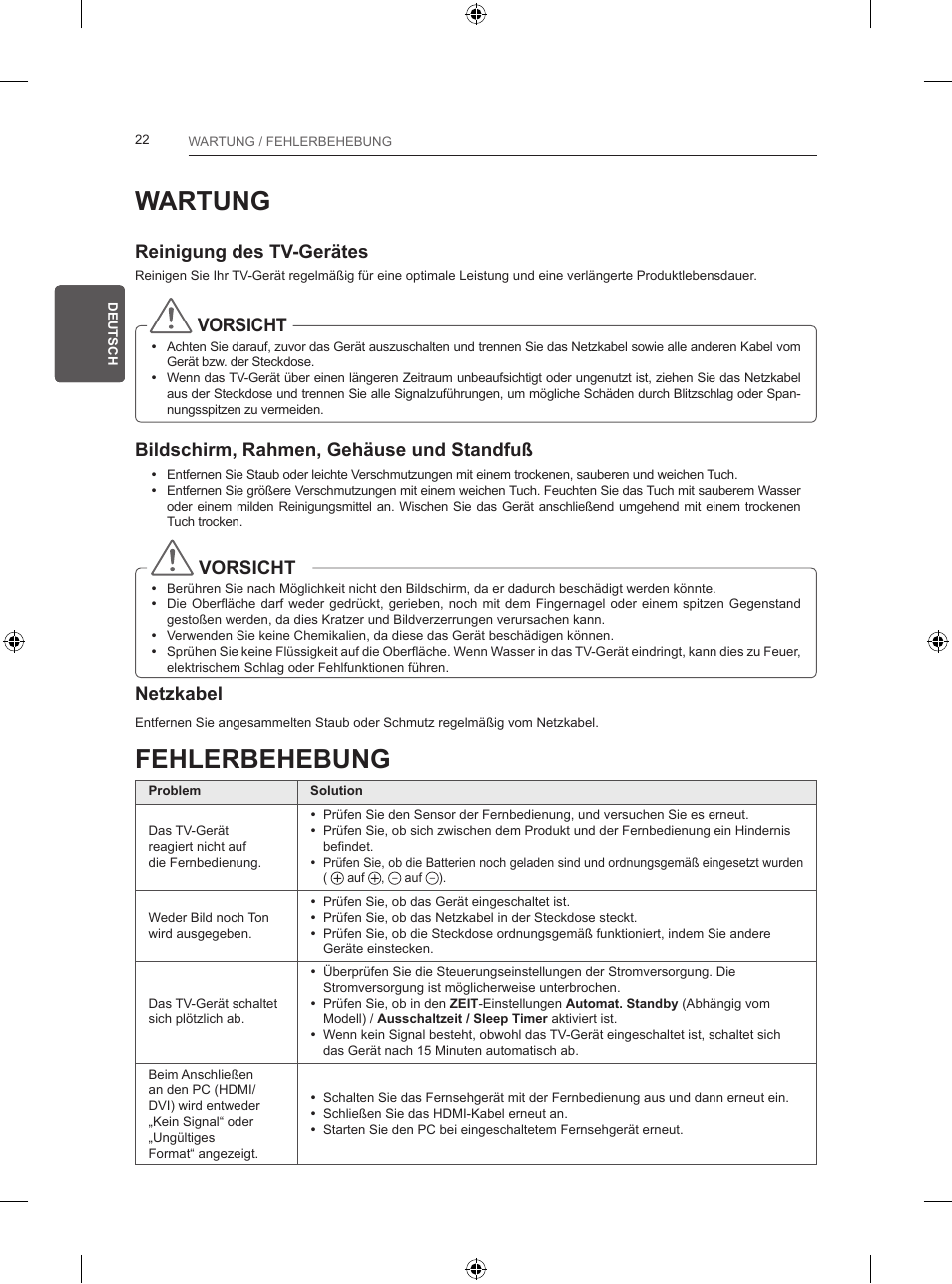 Wartung, Fehlerbehebung, Reinigung des tv-gerätes | Vorsicht, Bildschirm, rahmen, gehäuse und standfuß, Netzkabel | LG 24LB450B User Manual | Page 65 / 231