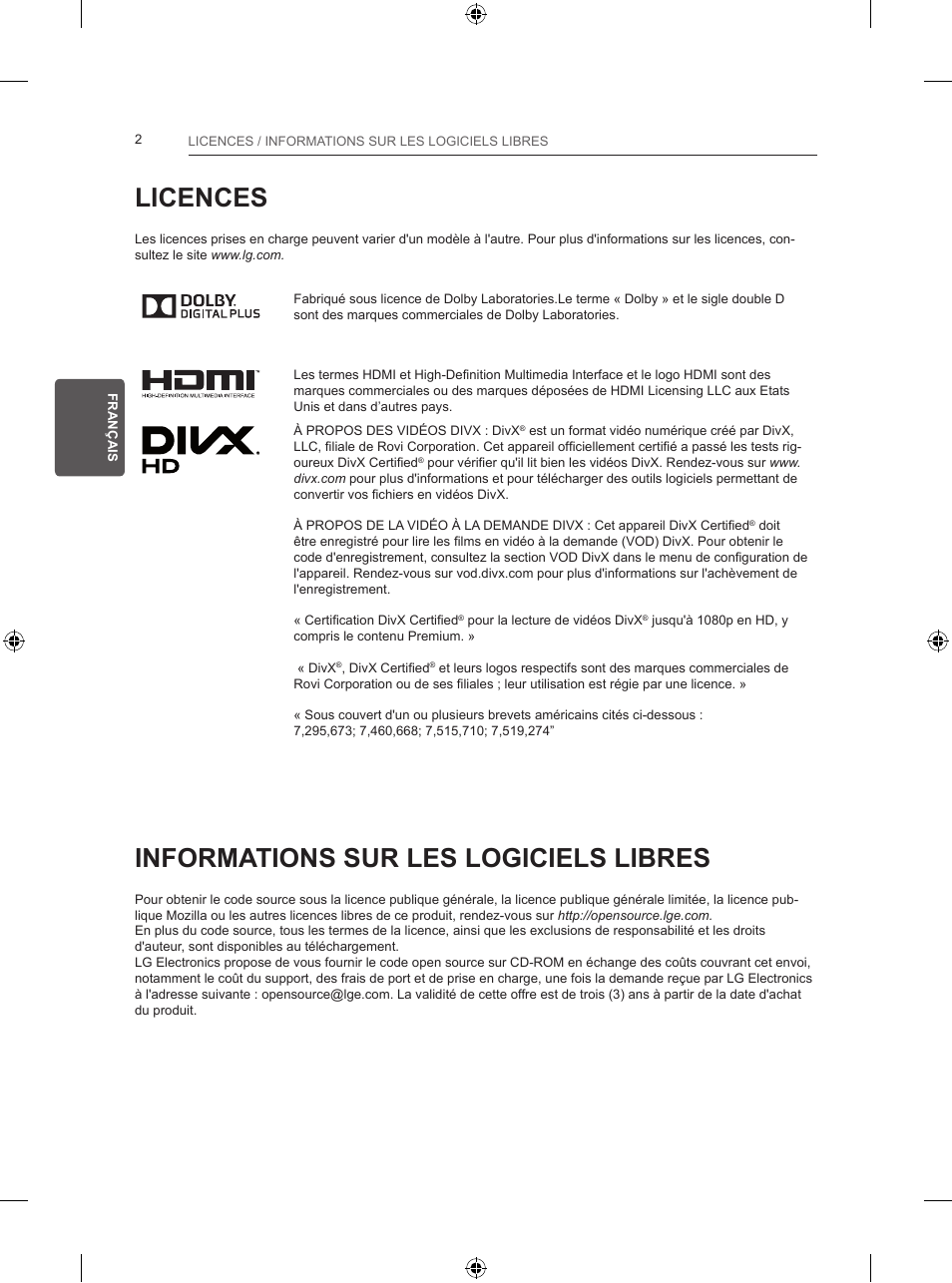 Licences, Informations sur les logiciels libres | LG 24LB450B User Manual | Page 67 / 231