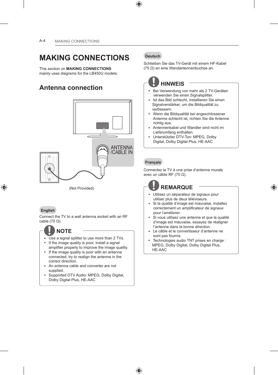 Making connections, Antenna connection, Antenna /cable in | Hinweis, Remarque | LG 24LB450B User Manual | Page 7 / 231