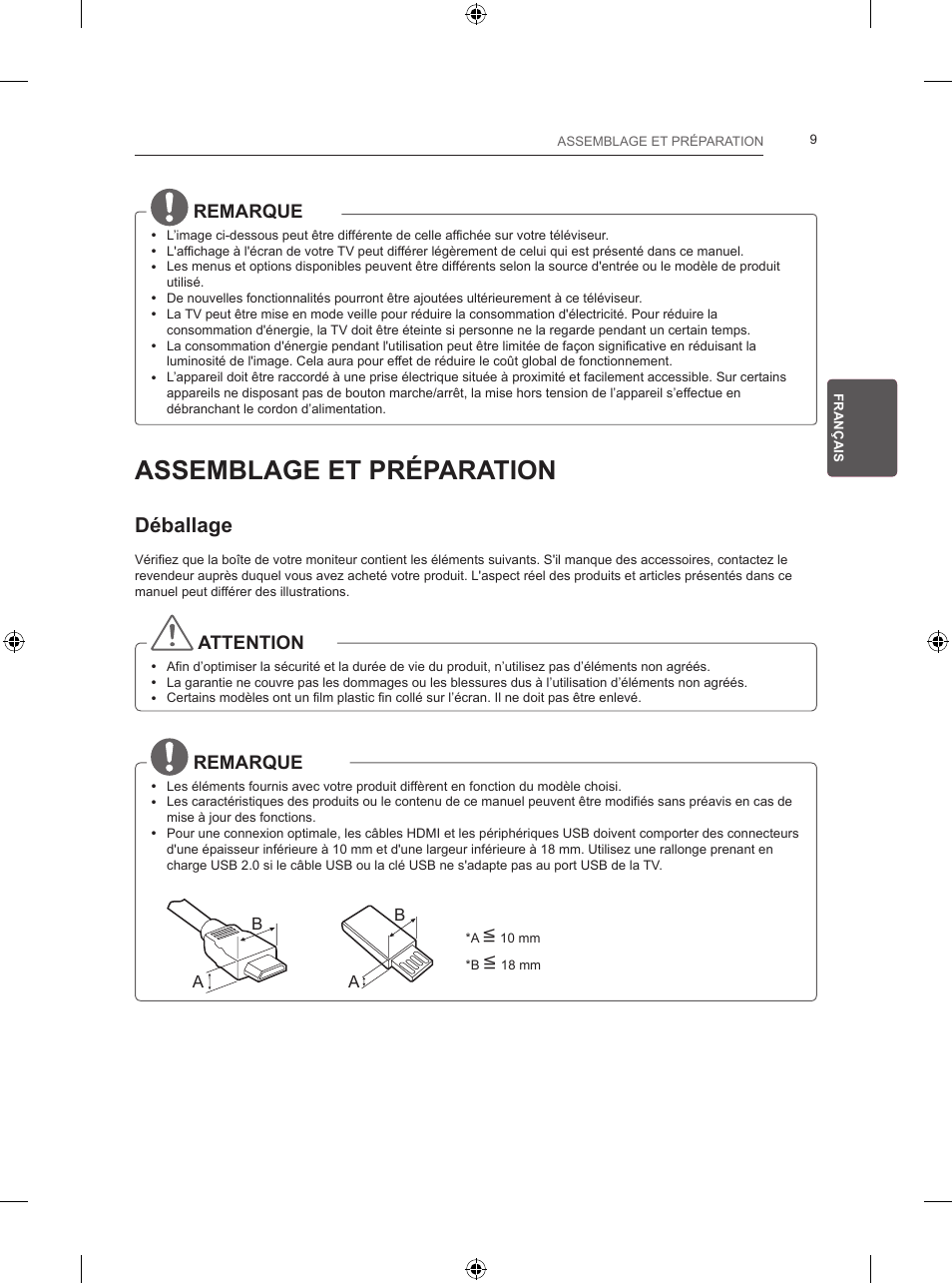 Assemblage et préparation, Déballage, Remarque | Attention | LG 24LB450B User Manual | Page 74 / 231