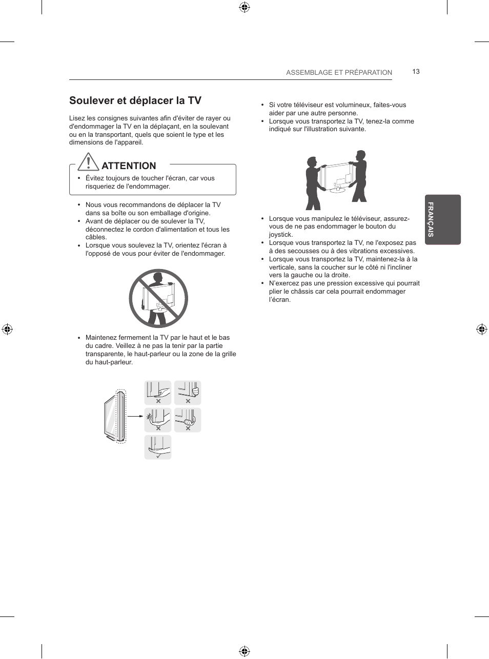 Soulever et déplacer la tv, Attention | LG 24LB450B User Manual | Page 78 / 231