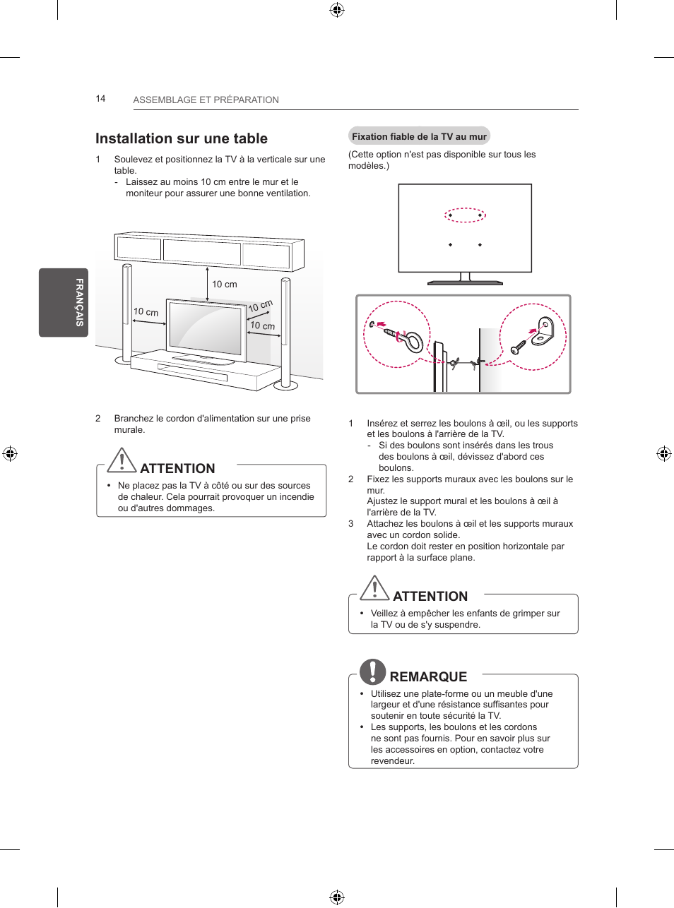 Installation sur une table, Attention, Remarque | LG 24LB450B User Manual | Page 79 / 231