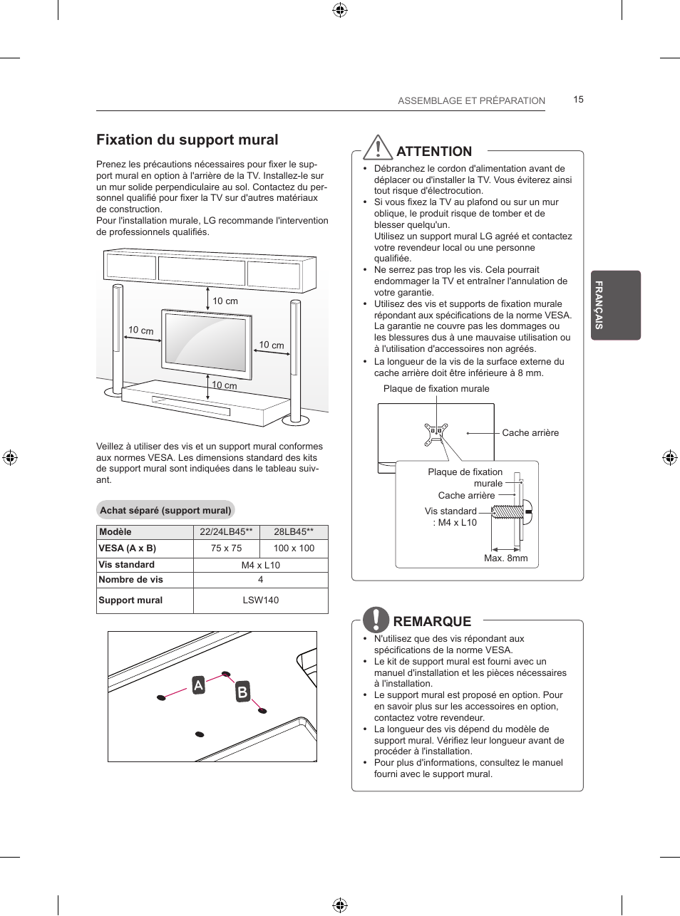 Fixation du support mural, Attention, Remarque | LG 24LB450B User Manual | Page 80 / 231