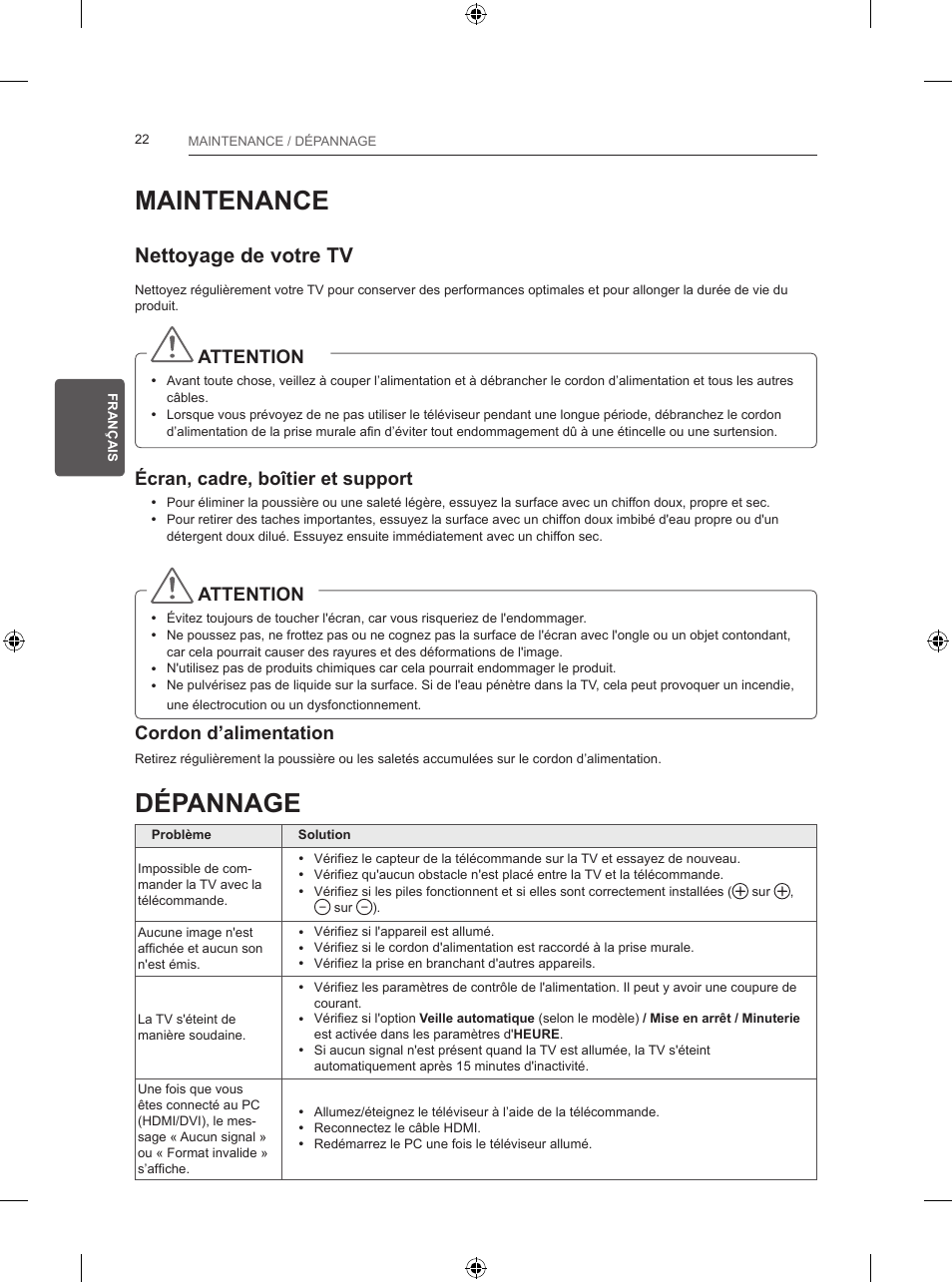 Maintenance, Dépannage, Nettoyage de votre tv | Attention, Écran, cadre, boîtier et support, Cordon d’alimentation | LG 24LB450B User Manual | Page 87 / 231