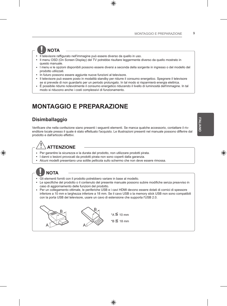 Montaggio e preparazione, Disimballaggio, Nota | Attenzione | LG 24LB450B User Manual | Page 96 / 231