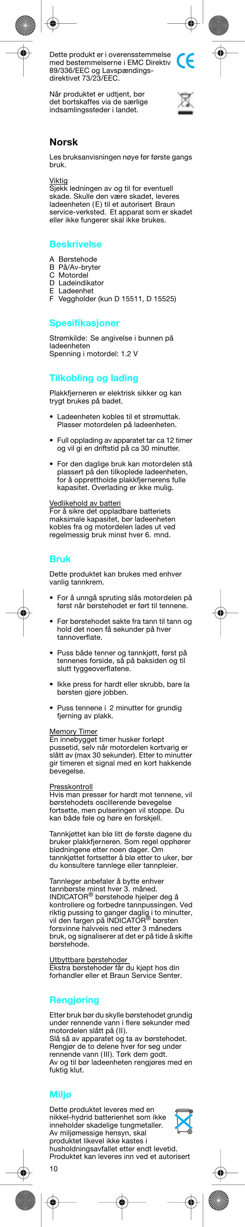 Norsk, Beskrivelse, Spesifikasjoner | Tilkobling og lading, Bruk, Rengjøring, Miljø | Braun D15525 User Manual | Page 10 / 21