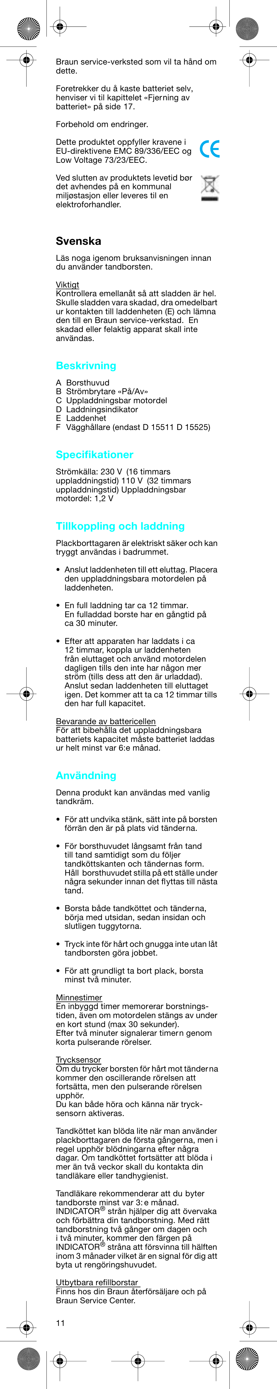 Svenska, Beskrivning, Specifikationer | Tillkoppling och laddning, Användning | Braun D15525 User Manual | Page 11 / 21