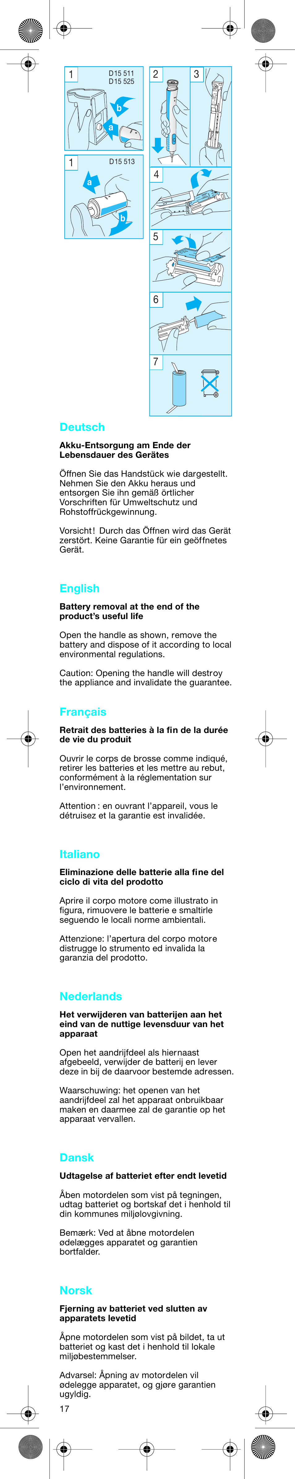 Deutsch, English, Français | Italiano, Nederlands, Dansk, Norsk | Braun D15525 User Manual | Page 15 / 21