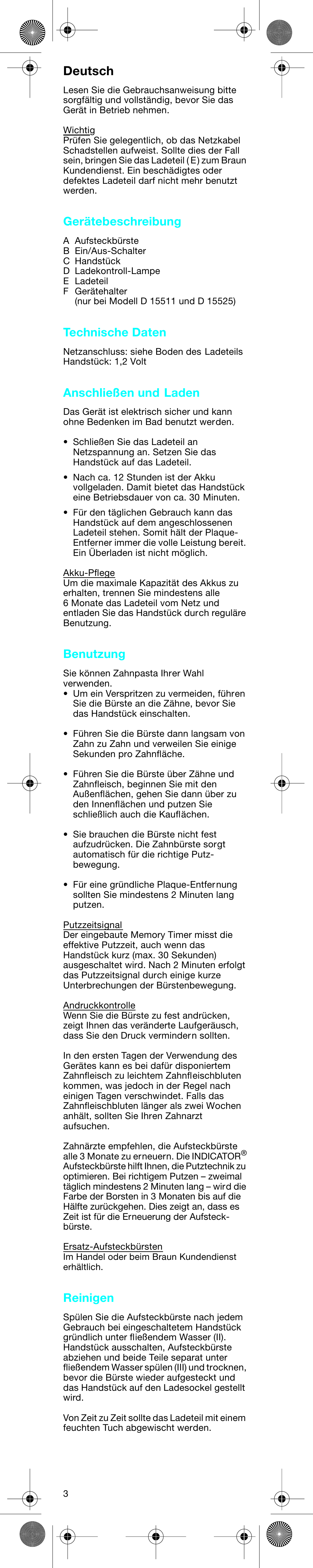 Deutsch, Gerätebeschreibung, Technische daten | Anschließen und laden, Benutzung, Reinigen | Braun D15525 User Manual | Page 3 / 21