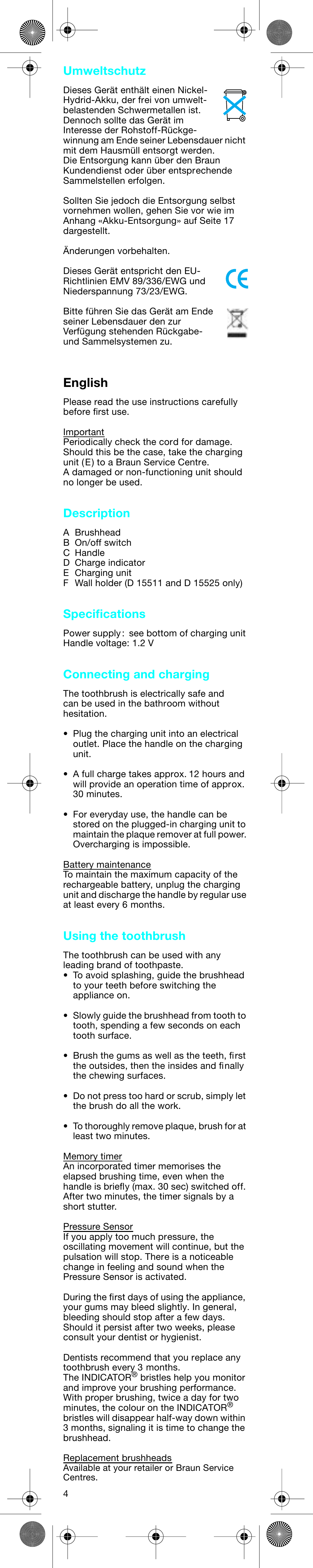 English, Umweltschutz, Description | Specifications, Connecting and charging, Using the toothbrush | Braun D15525 User Manual | Page 4 / 21
