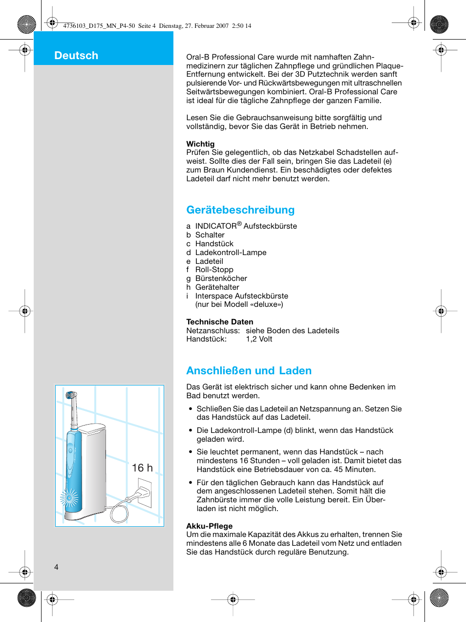 Gerätebeschreibung, Anschließen und laden, 16 h deutsch | Braun D17525 Professional Care User Manual | Page 4 / 53