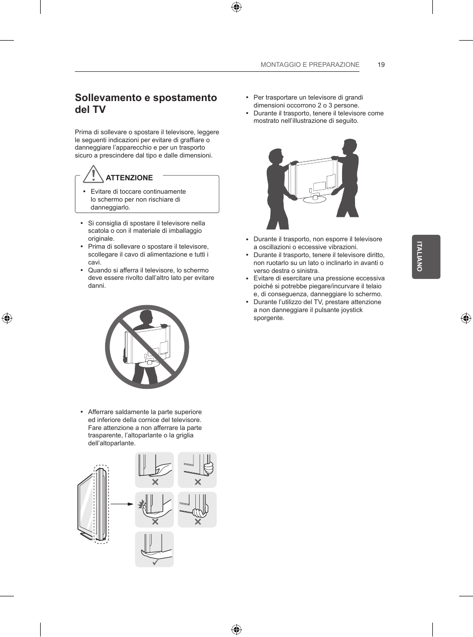 Sollevamento e spostamento del tv | LG 55UB830V User Manual | Page 144 / 303