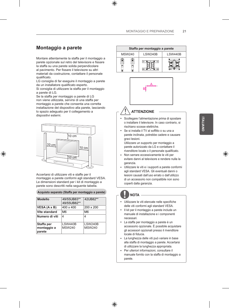 Montaggio a parete | LG 55UB830V User Manual | Page 146 / 303