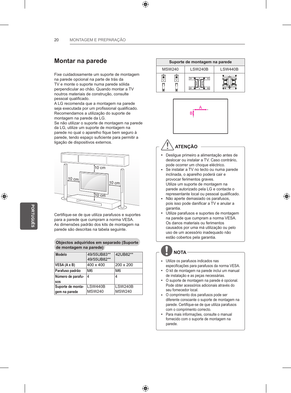 Montar na parede | LG 55UB830V User Manual | Page 205 / 303