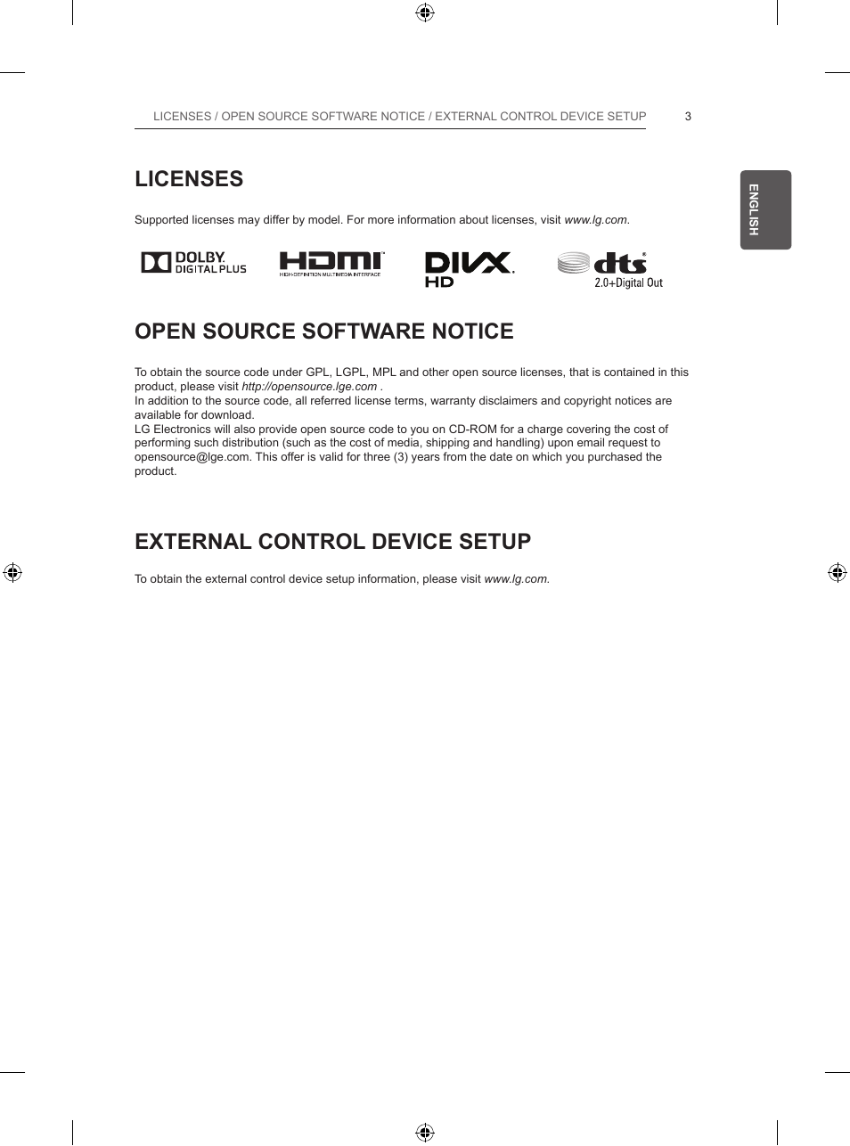 Licenses, Open source software notice, External control device setup | LG 55UB830V User Manual | Page 44 / 303