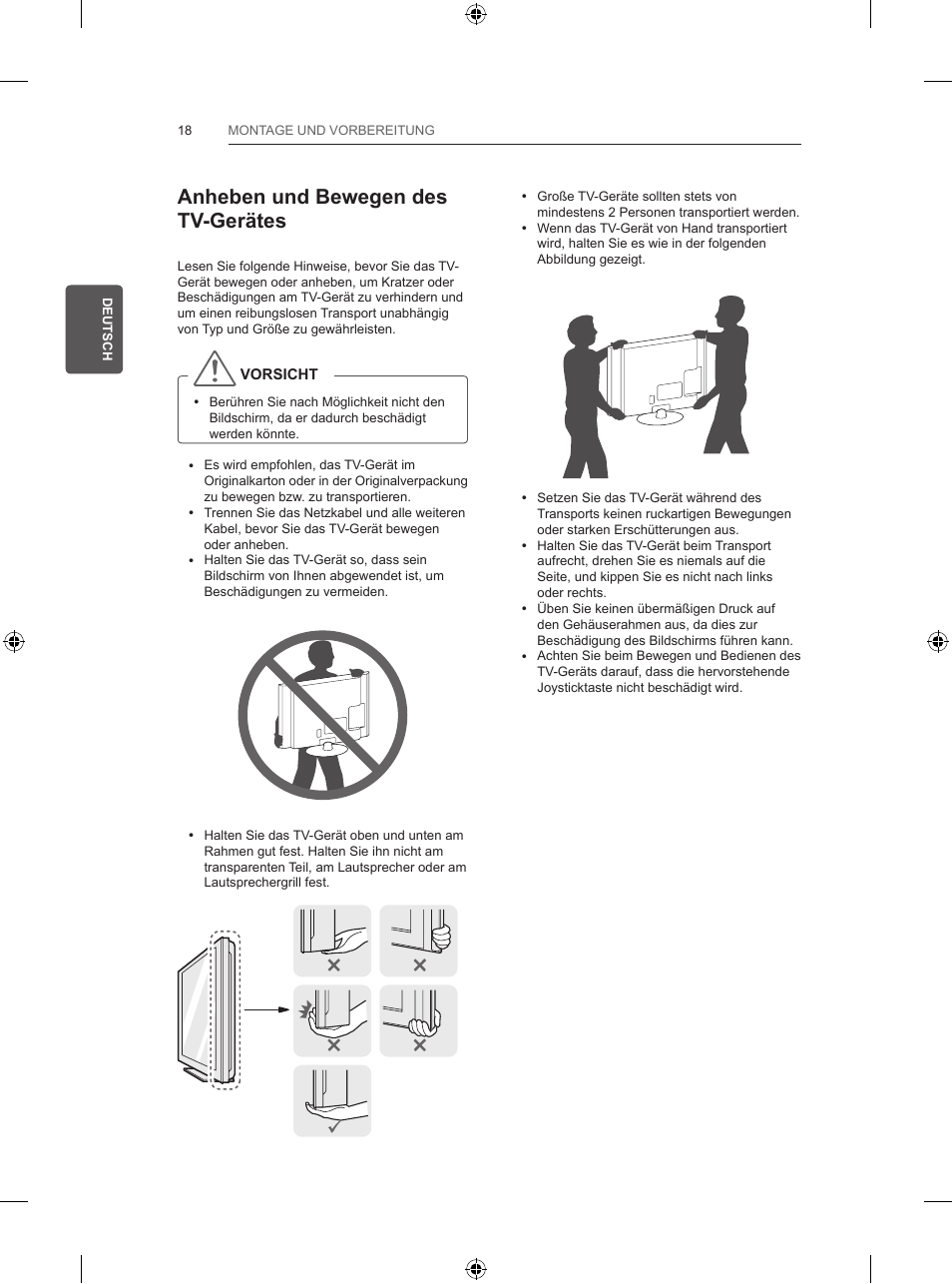 Anheben und bewegen des tv-gerätes | LG 55UB830V User Manual | Page 87 / 303