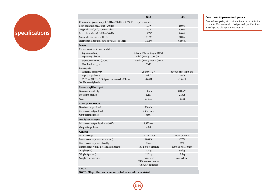 Specifications | Arcam FMJ A38 User Manual | Page 16 / 18