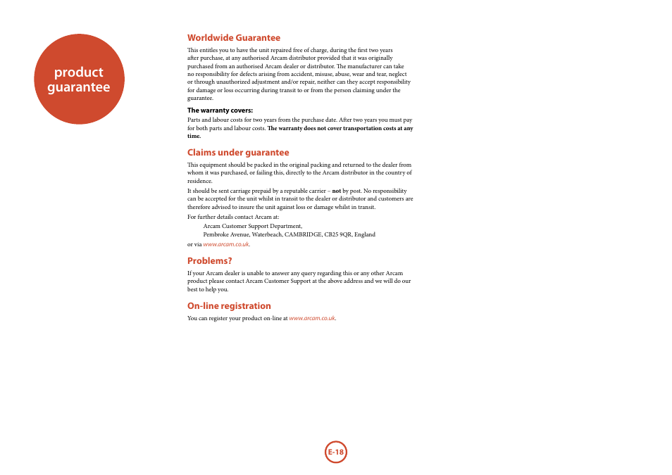 Product guarantee | Arcam FMJ A38 User Manual | Page 18 / 18