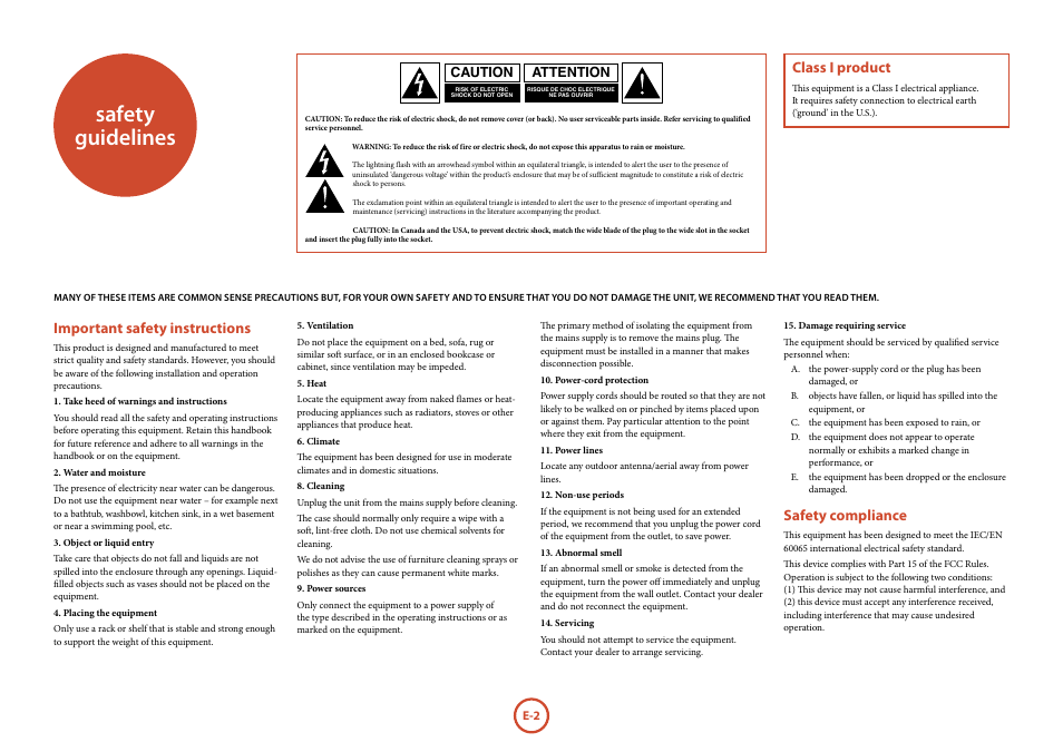 Safety guidelines, Important safety instructions, Safety compliance | Class i product | Arcam FMJ A38 User Manual | Page 2 / 18