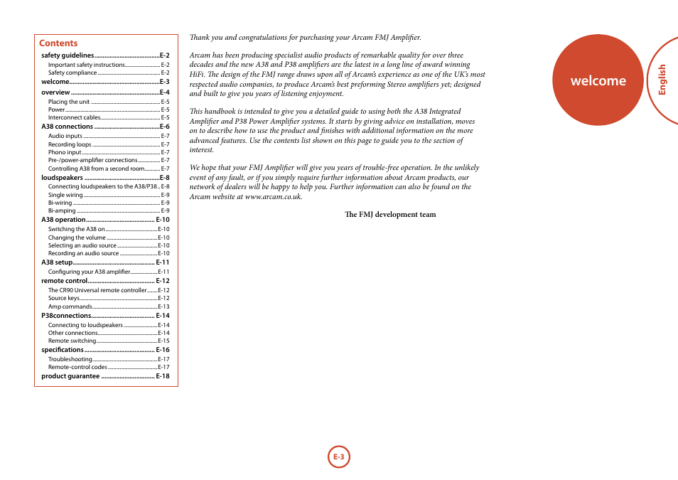 Welcome | Arcam FMJ A38 User Manual | Page 3 / 18