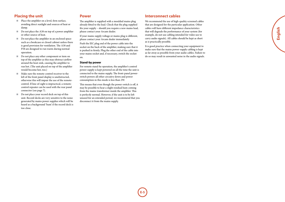 English placing the unit, Power, Interconnect cables | Arcam FMJ A38 User Manual | Page 5 / 18