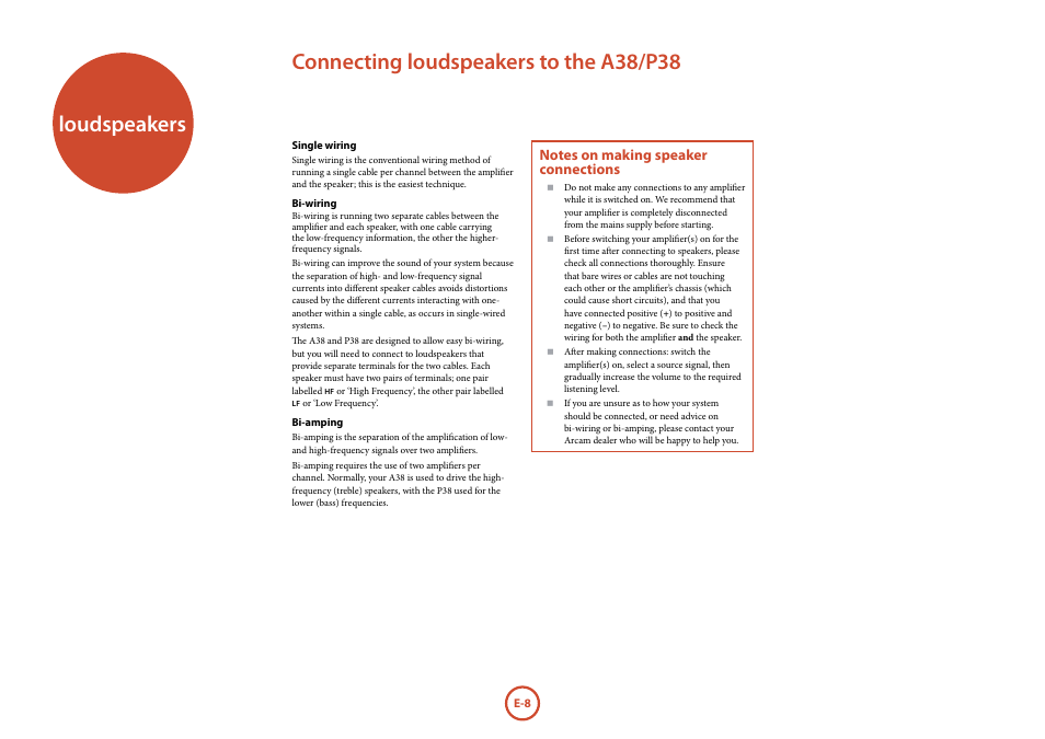 Loudspeakers, Connecting loudspeakers to the a38/p38 | Arcam FMJ A38 User Manual | Page 8 / 18